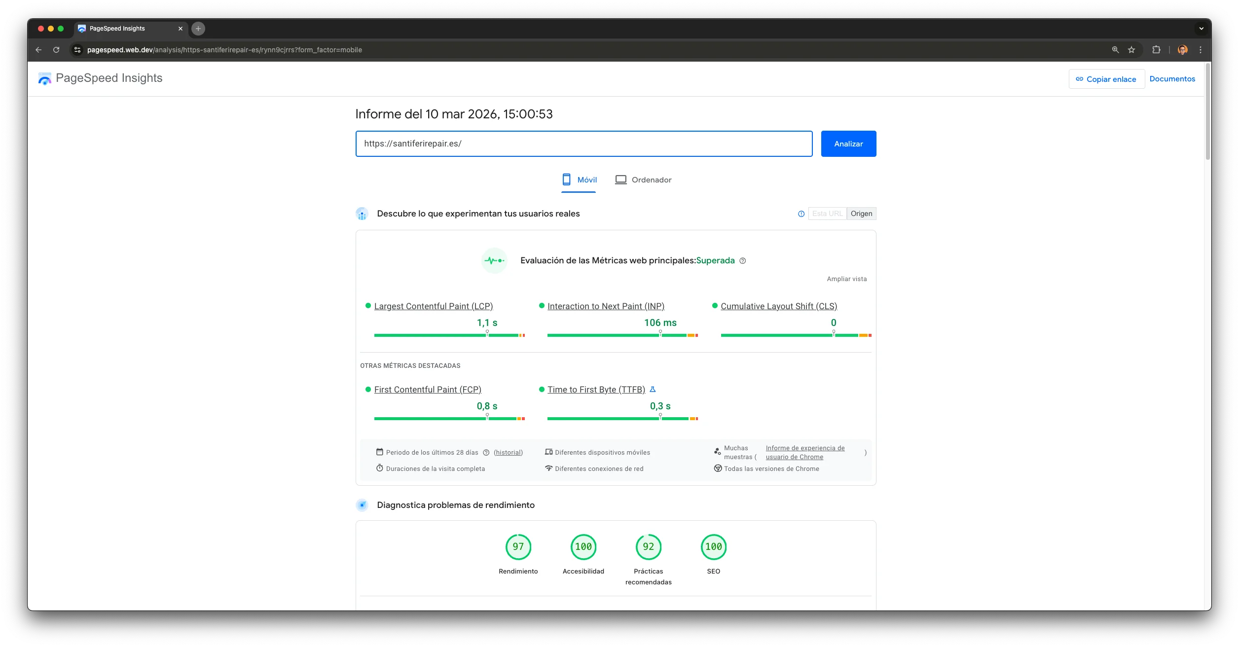 StronaSpeed Insights: Lighthouse 97 on mobile, Dostępność 100, SEO 100. Core Web Vitals: Passed